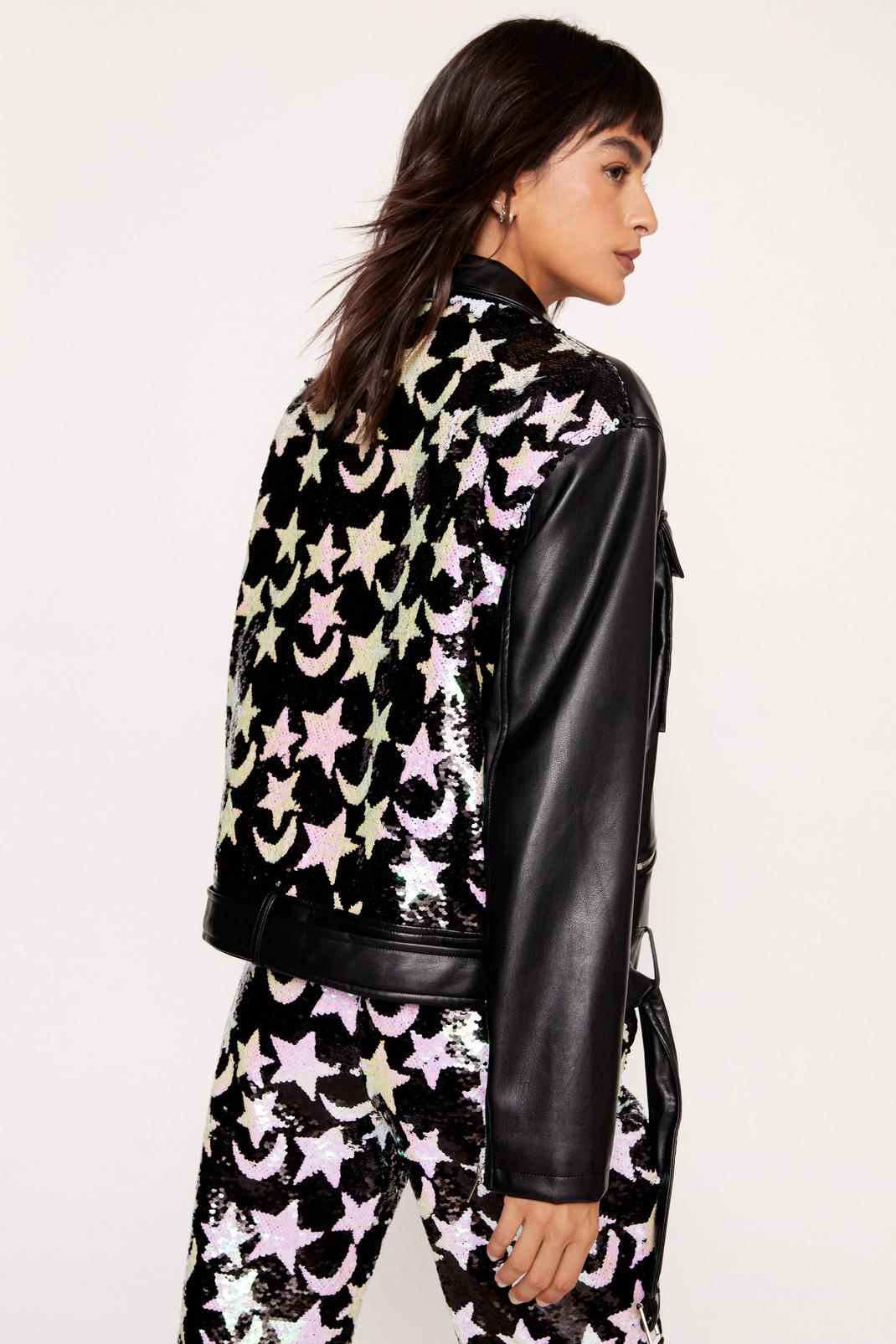 Black Star and Moon Sequin Faux Leather Moto Jacket image number 1