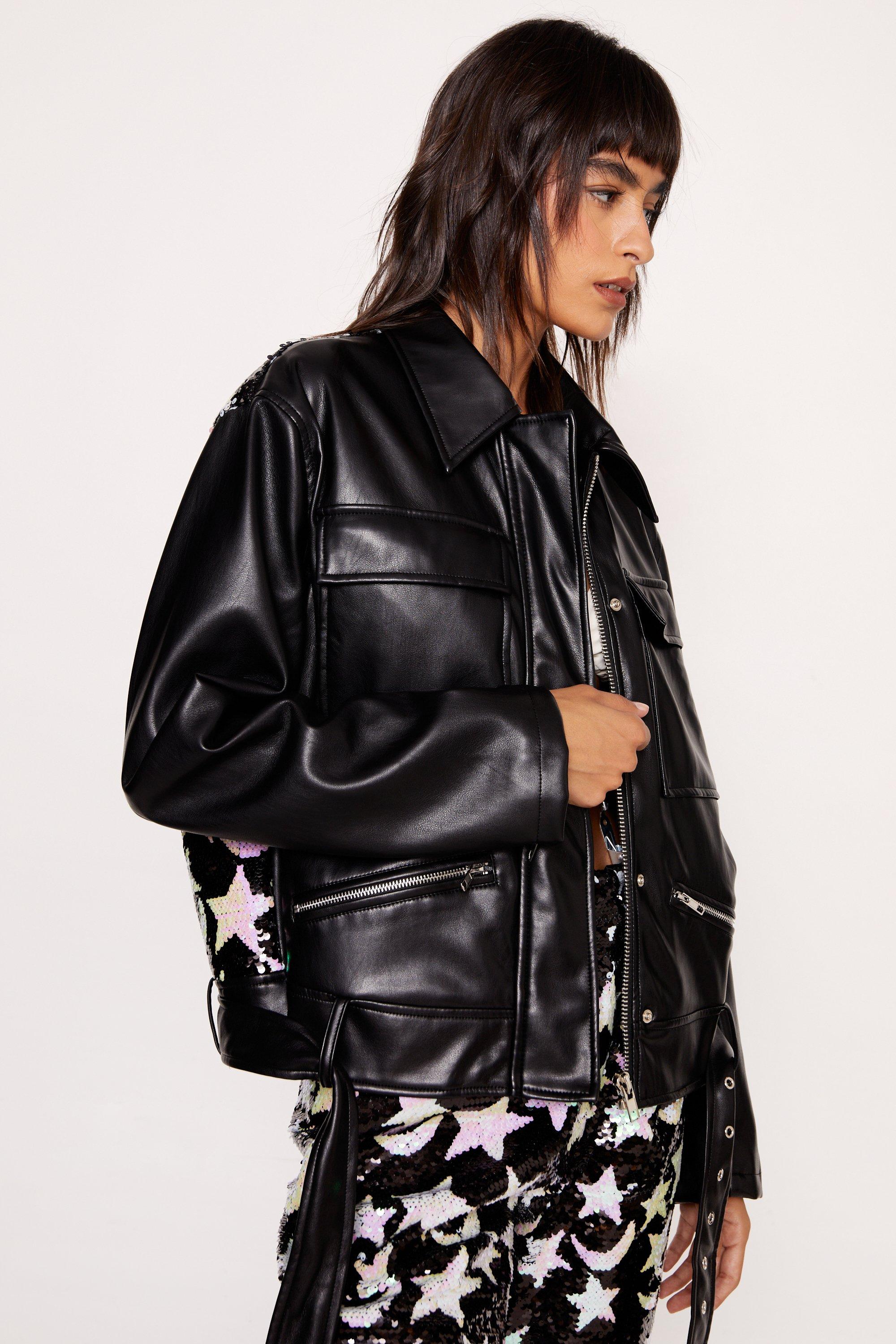 Star And Moon Sequin Faux Leather Biker Jacket