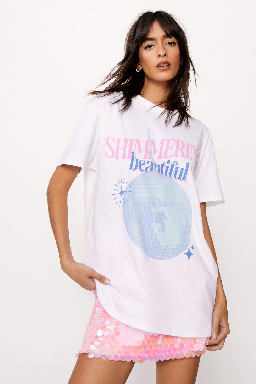 White Shimmering Beautiful Graphic Oversized T-shirt  image number 1
