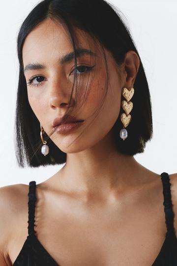 Gold Metallic Heart Pearl Drop Earrings