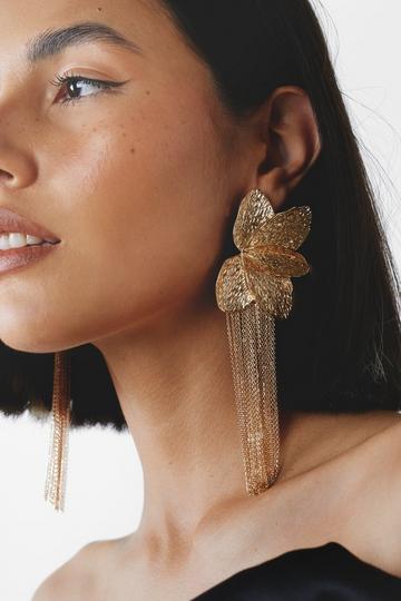Gold Metallic Flower Chain Drop Earrings