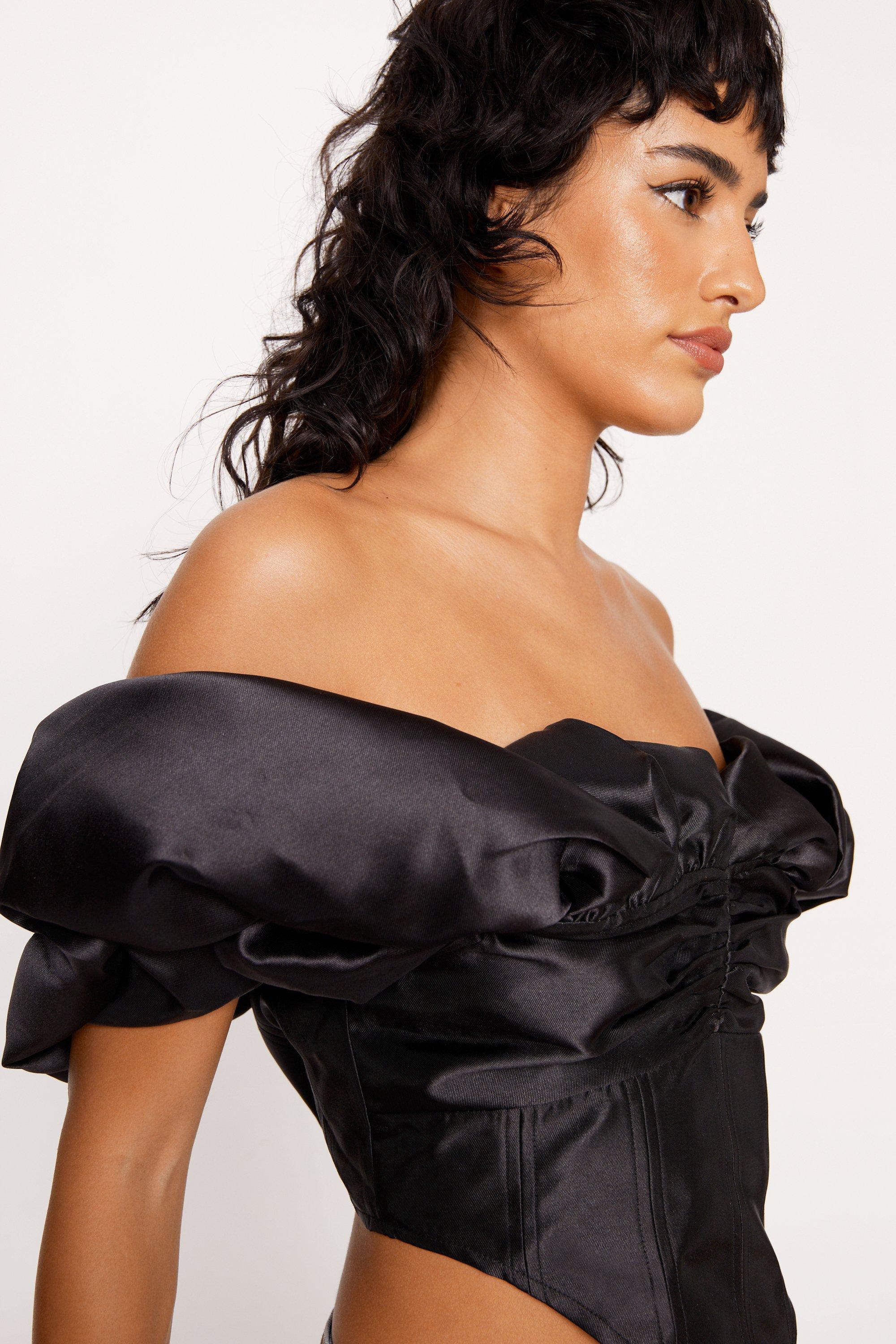 Satin Twill Bardot Puff Sleeve Corset Top