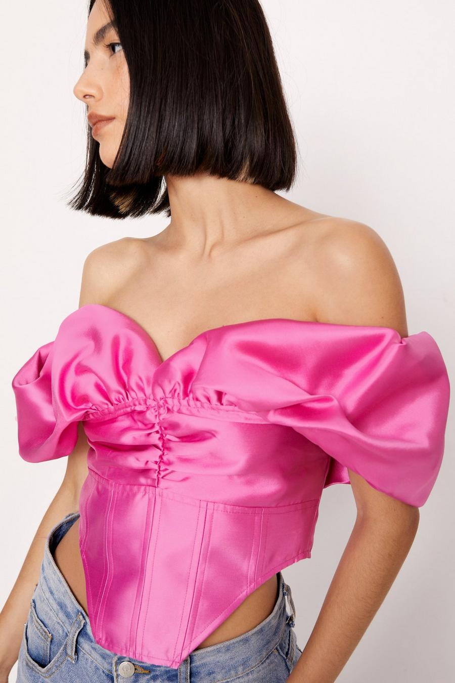 Satin Twill Off The Shoulder Puff Sleeve Corset Top