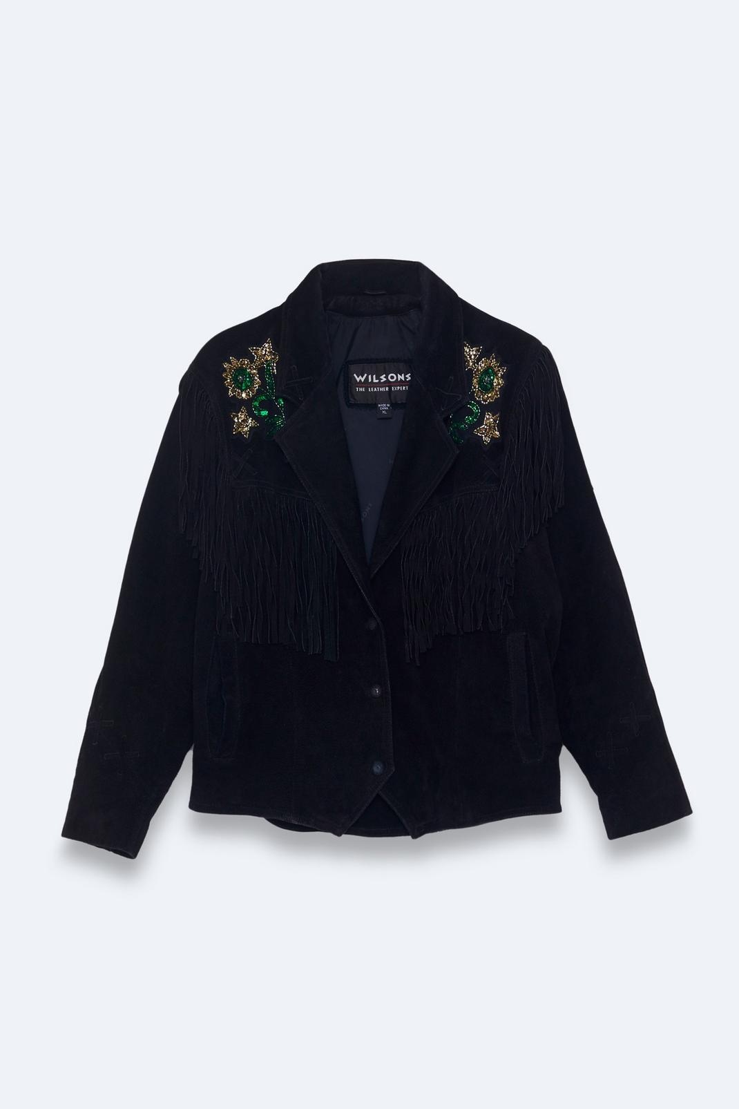Black Vintage Rework Suede Fringe Embellished Jacket image number 1