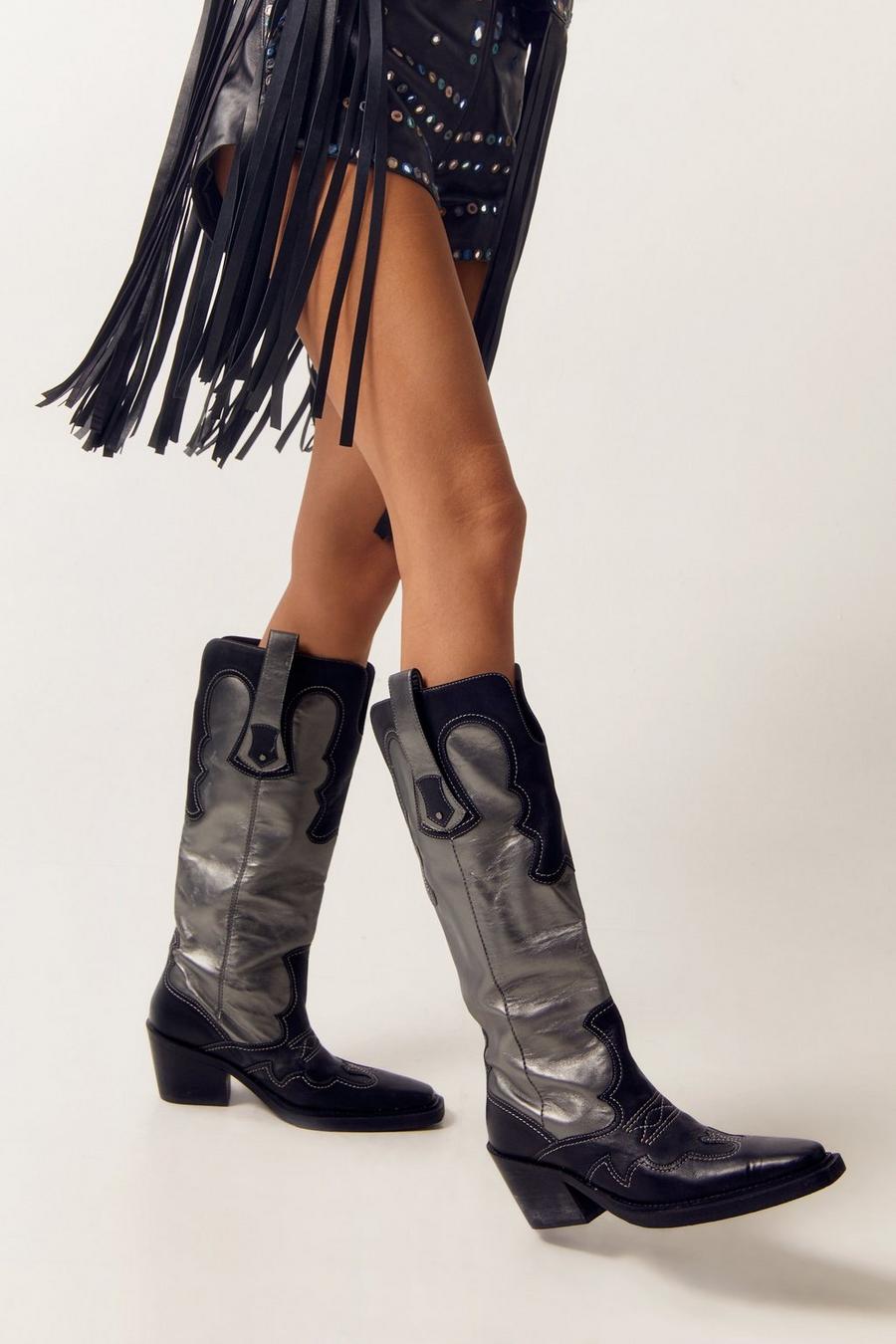 Real Leather Metallic Colour Block Cowboy Boots