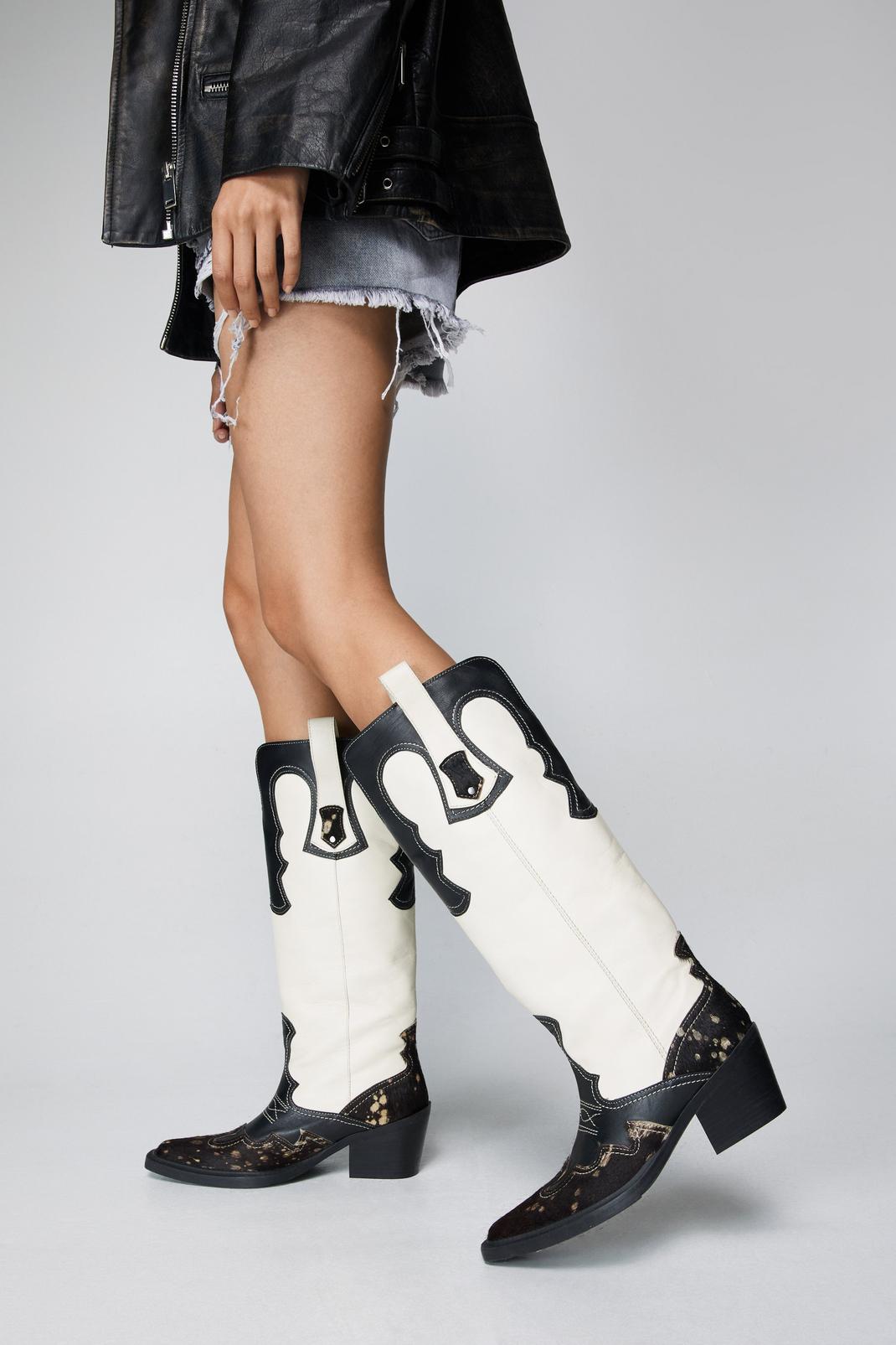 Cream Real Leather Knee High Cowboy Boots image number 1
