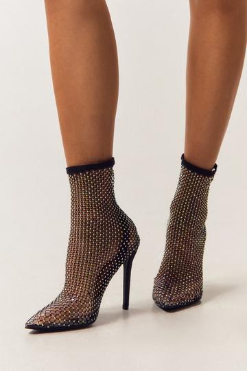 Black Diamante Embellished Net Ankle Boots