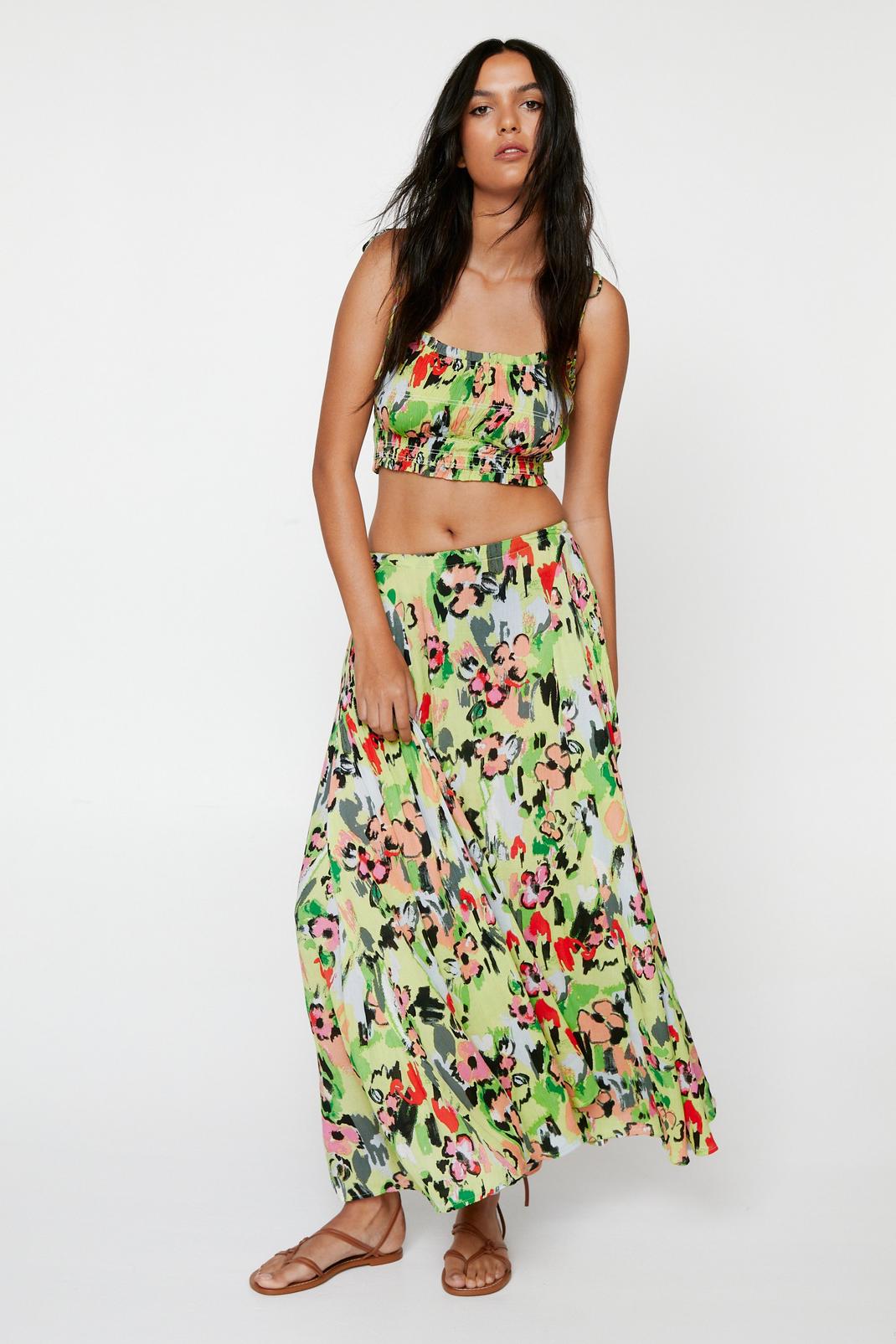 Lime Floral Tiered Crinkle Maxi Skirt image number 1