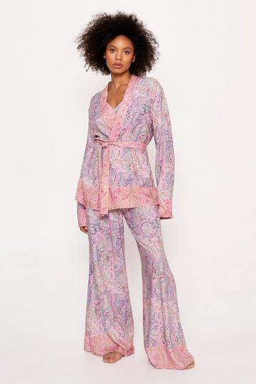 Paisley Splice Bralette Wrap Kimono Pajama Pants 3pc Set pale pink