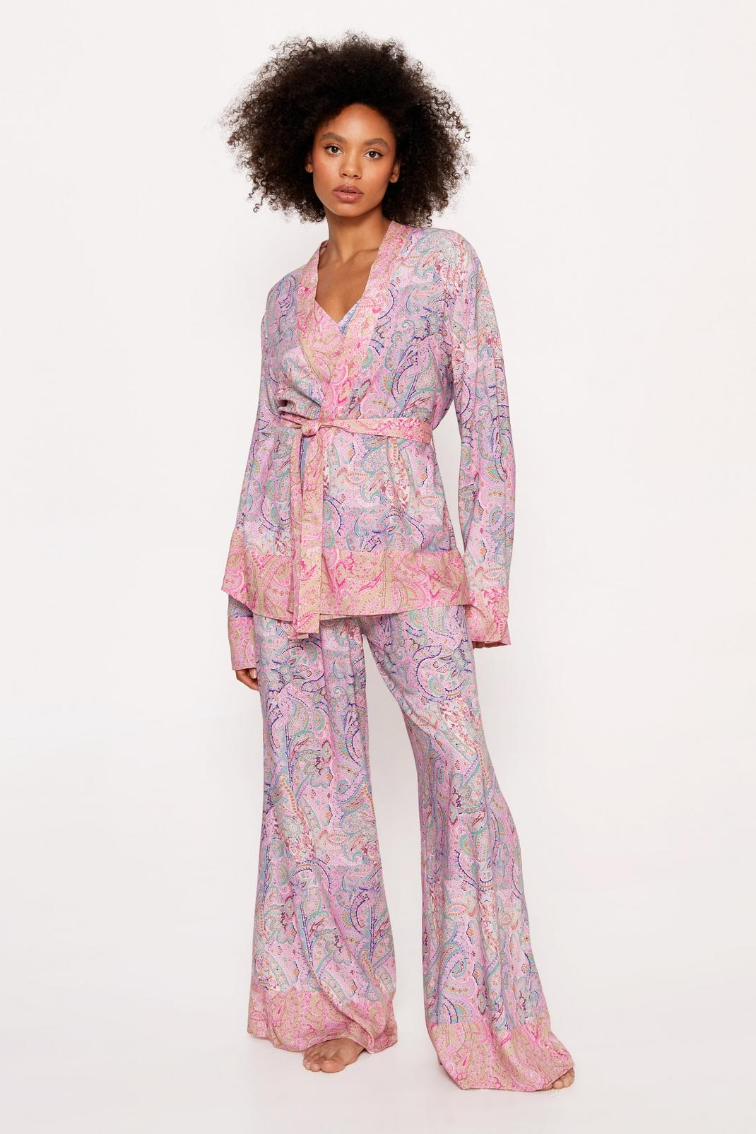 Pale pink Paisley Splice Bralette and Wrap Kimono Pajama Pants Set image number 1