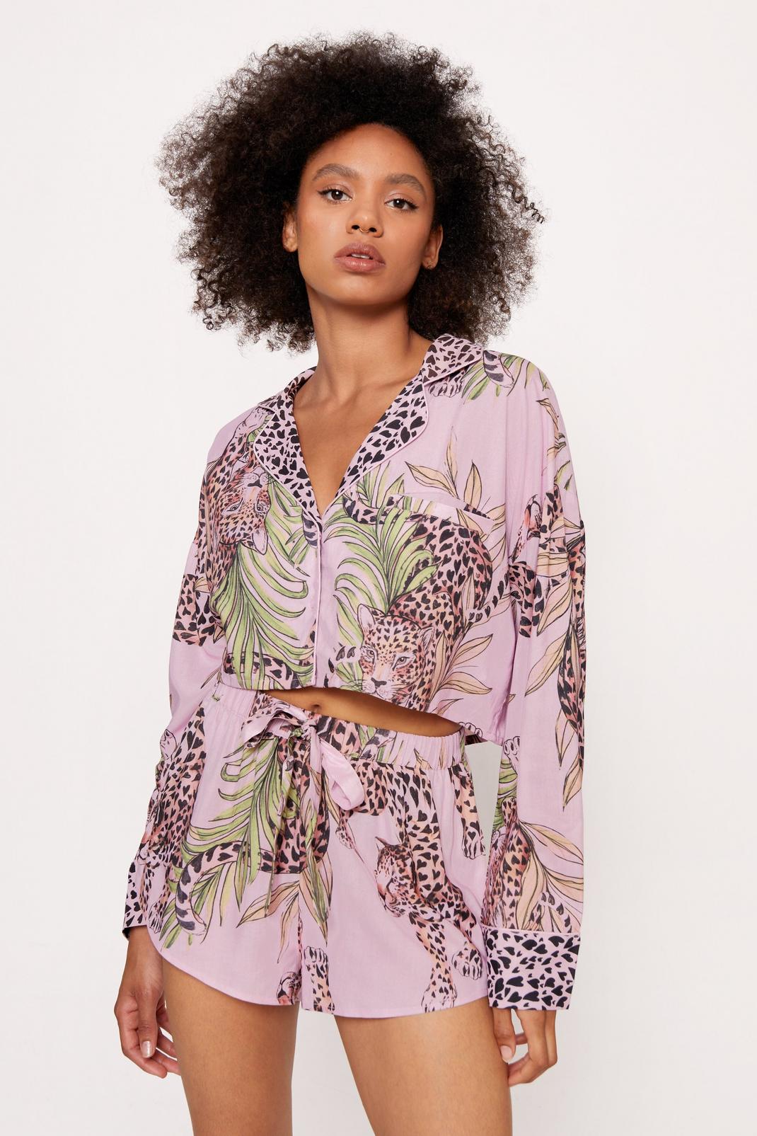 Pink Rayon Cheetah Long Sleeve Pajama Shorts Set image number 1
