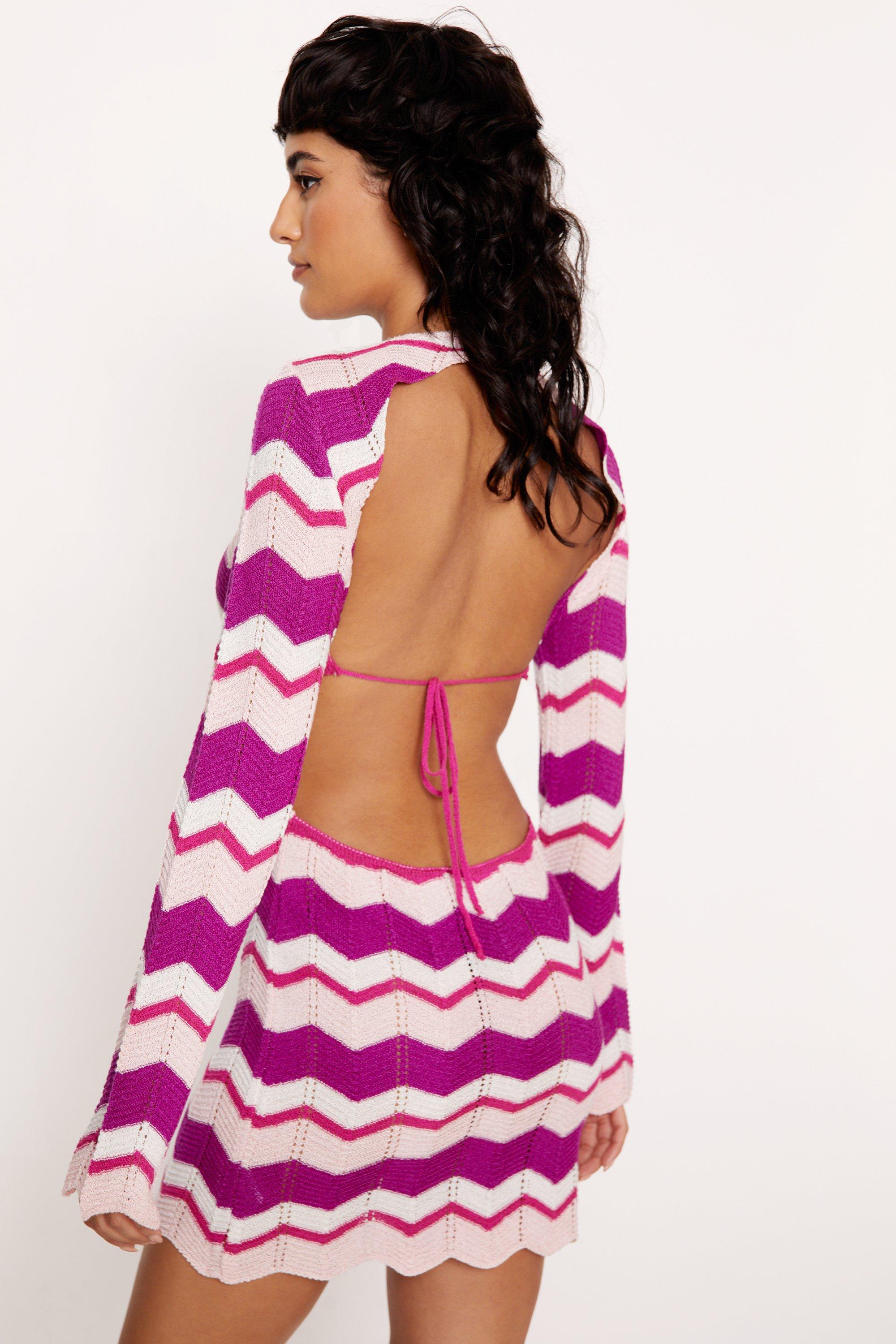 Multicolor Stripe Crochet Open Back Mini Dress