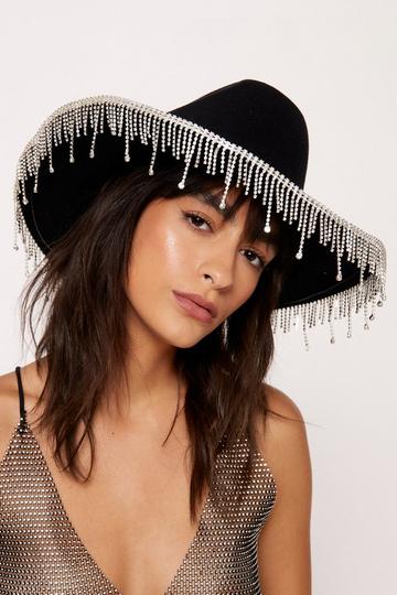 Black Diamate Double Fringe Embellished Cowboy Hat