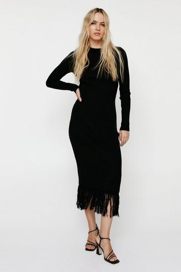 Black Knit Fringe Midi Dress