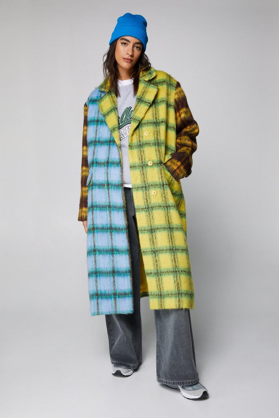 Wool Look Contrast Check Panelled Coat