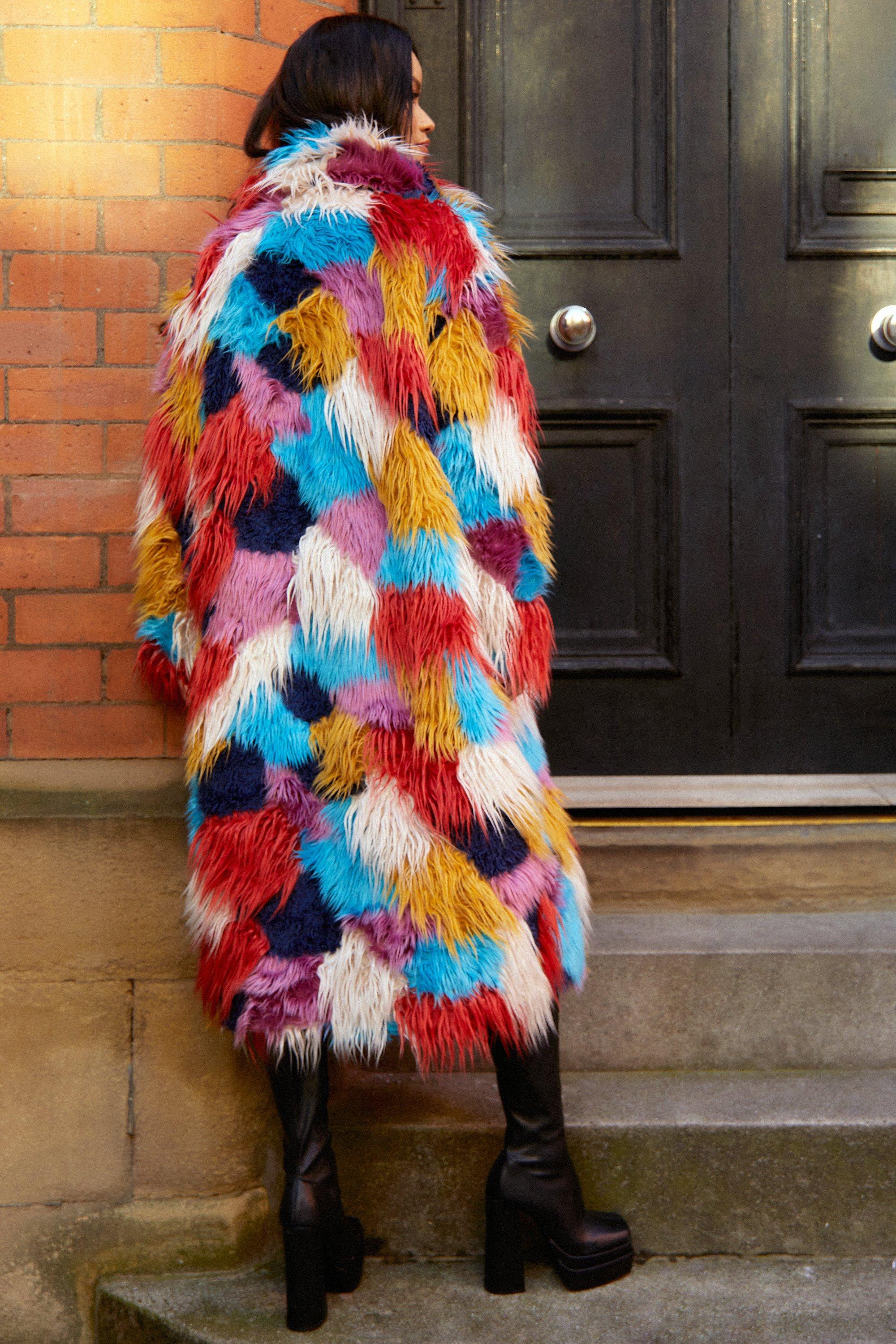 Multi Color Mongolian Longline Faux Fur Coat