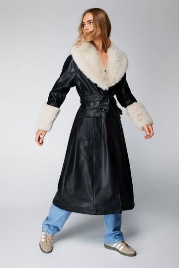 Black Faux Fur Trim Faux Leather Trench Coat