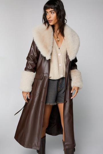 Faux Fur Trim Faux Leather Trench Coat chocolate