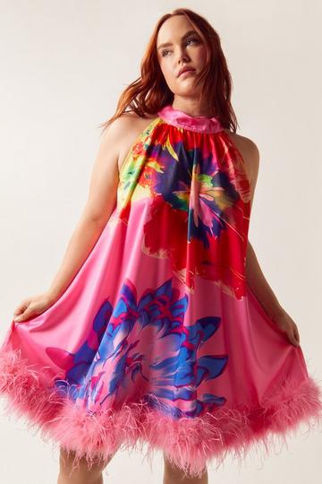 Plus Size Floral Halterneck Sleeveless Swing Dress hot pink