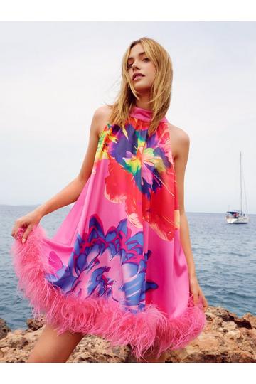 Floral Halterneck Sleeveless Swing Dress hot pink