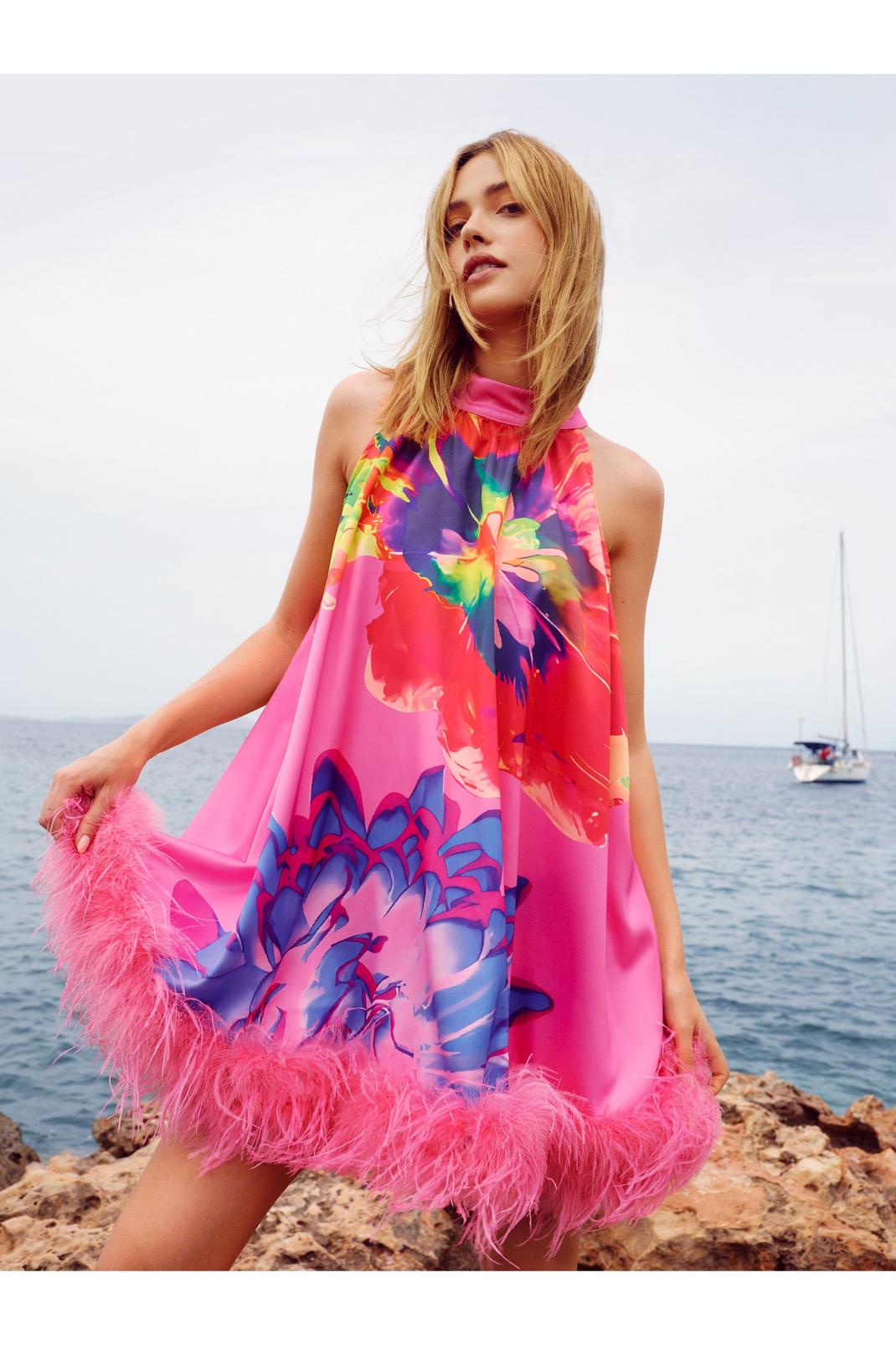Hot pink Floral Halterneck Sleeveless Swing Dress image number 1