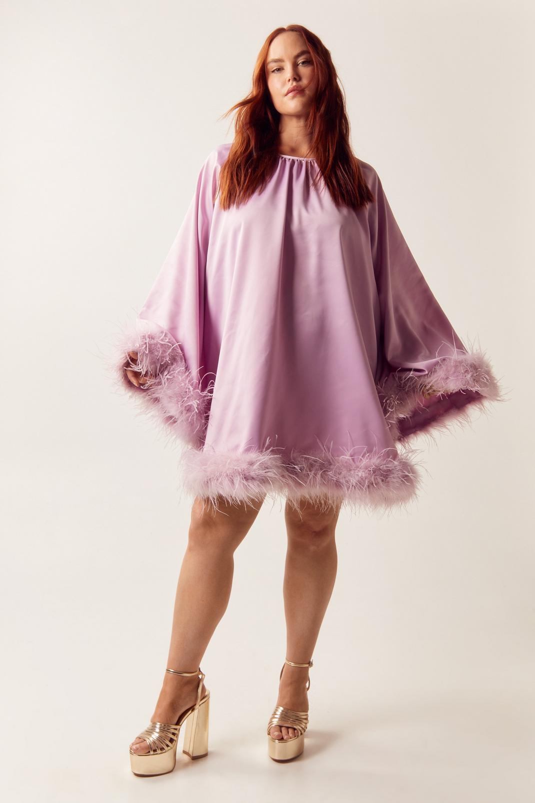 Lilac Plus Size Feather Trim Satin Swing Dress image number 1