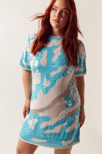 Blue Plus Size Wave Sequin Relaxed Shift Dress