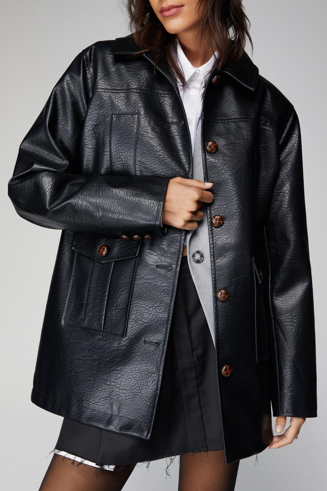 Premium Button Front Faux Leather Jacket, Black image number 1