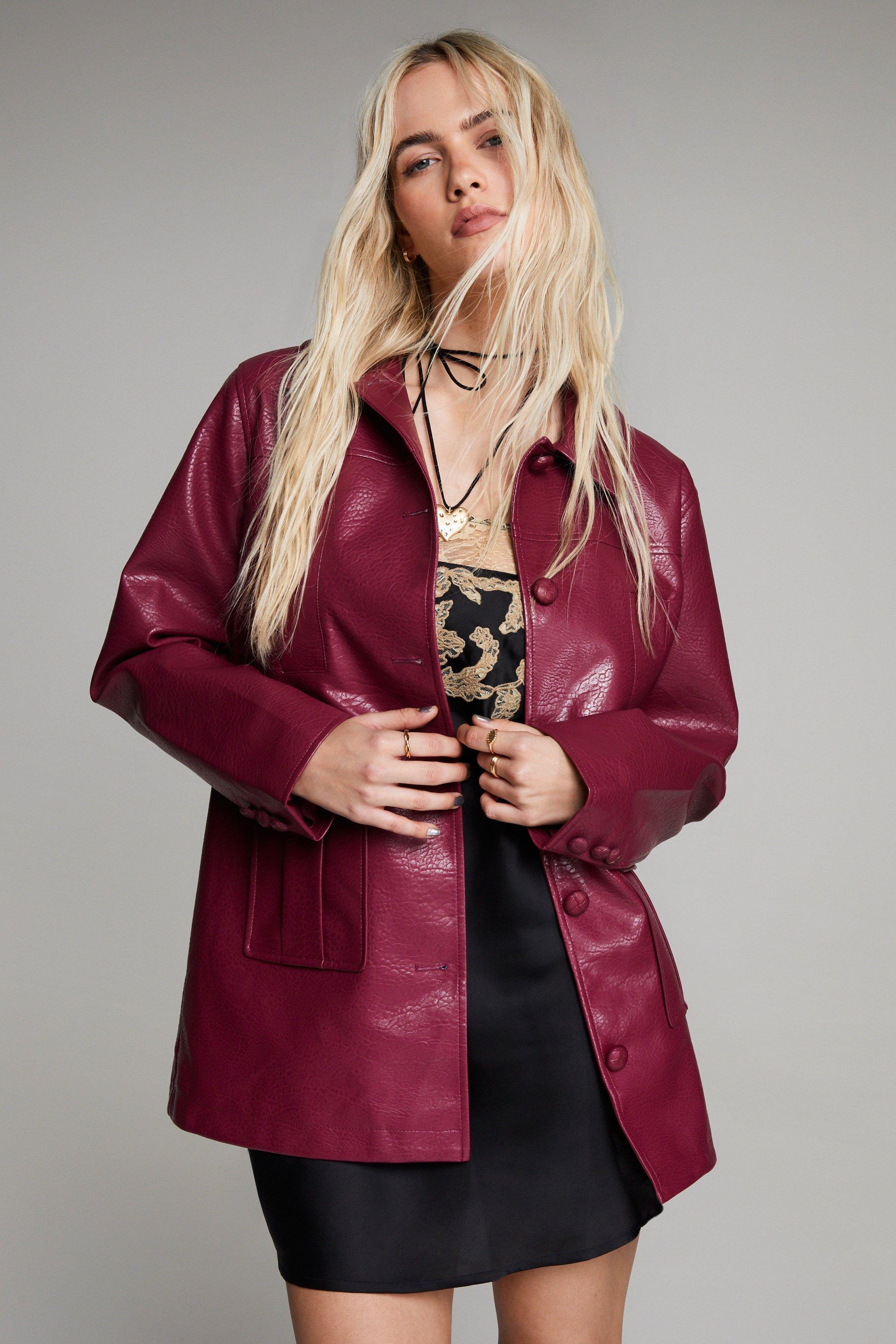 Cherry red leather 2025 jacket womens