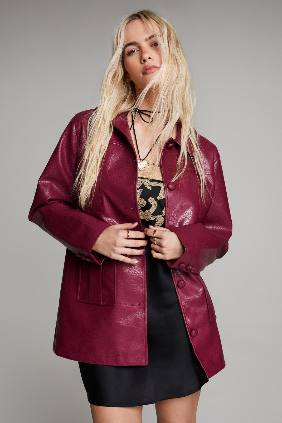 Premium Button Front Faux Leather Jacket, Cherry image number 1