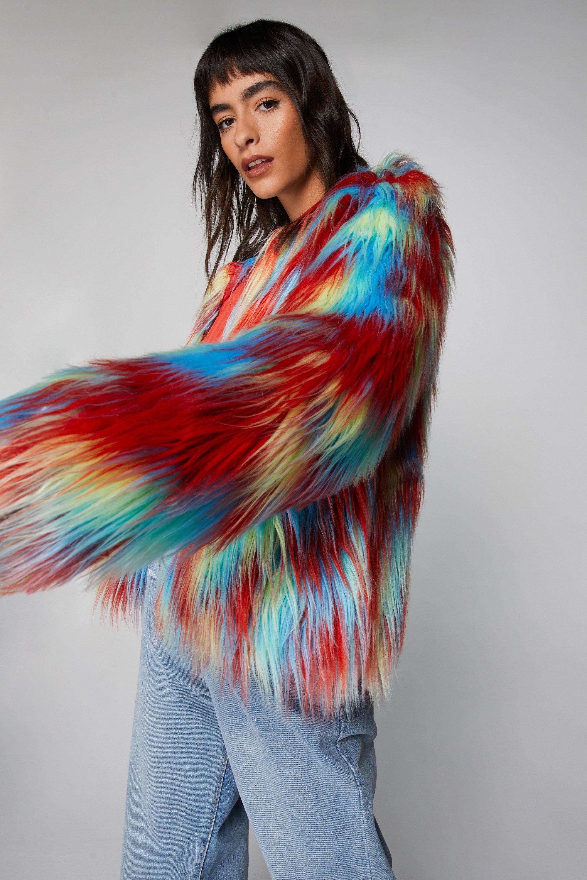 Multicolor Faux Fur Collarless Jacket