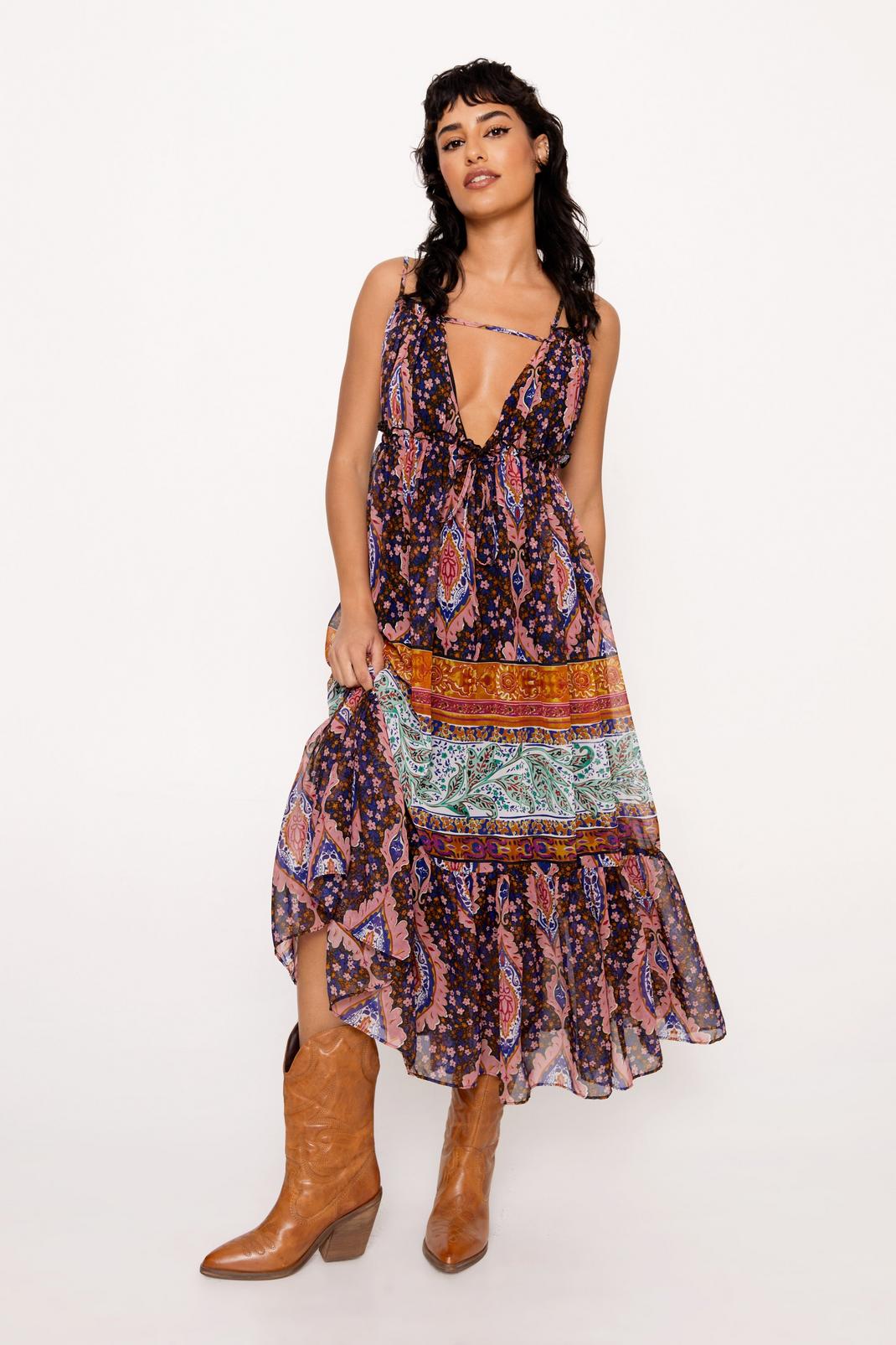 Multi Mixed Scarf Print Strappy Midi Dress image number 1