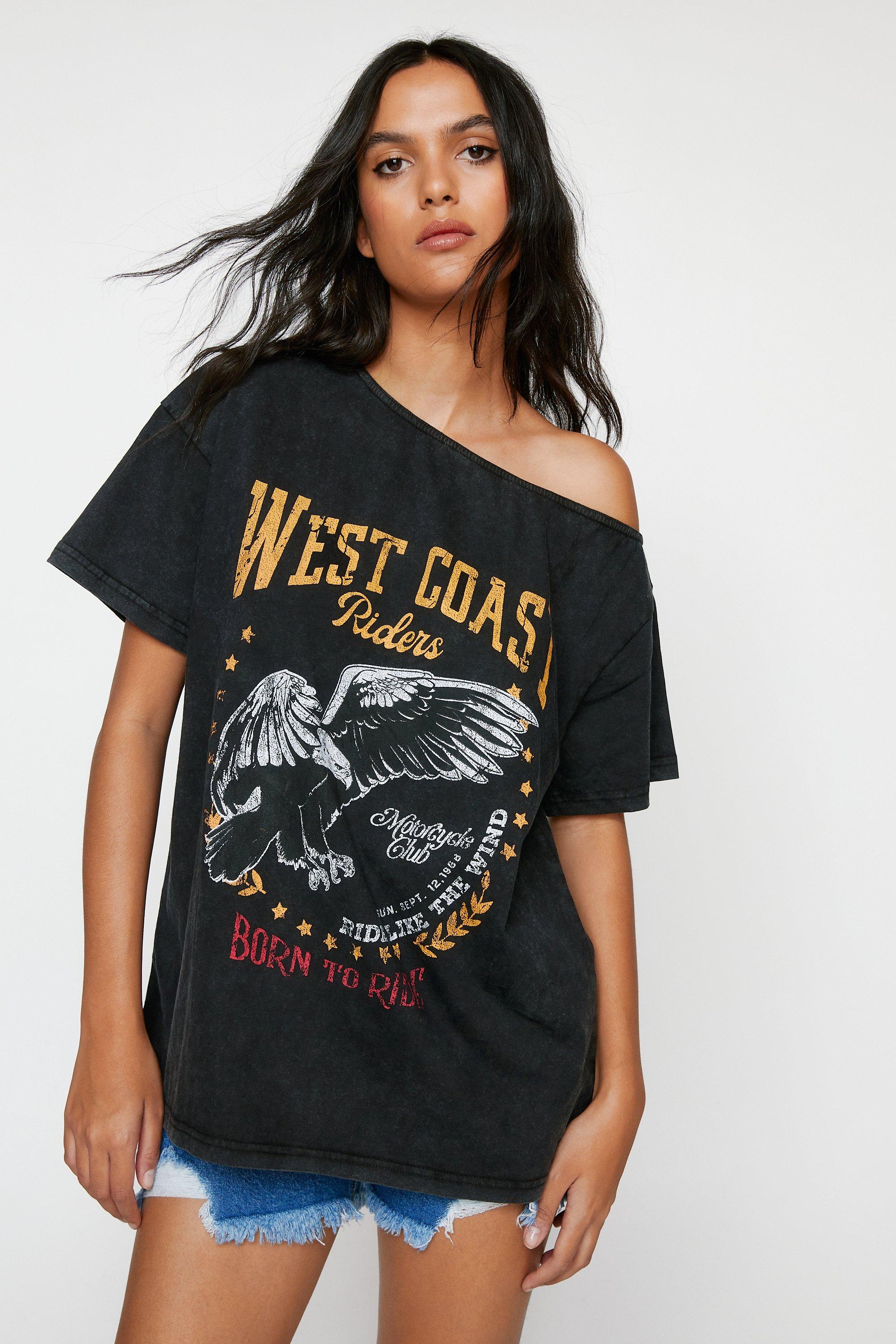 Acid Wash Off Shoulder Slogan Oversized T-shirt | Nasty Gal