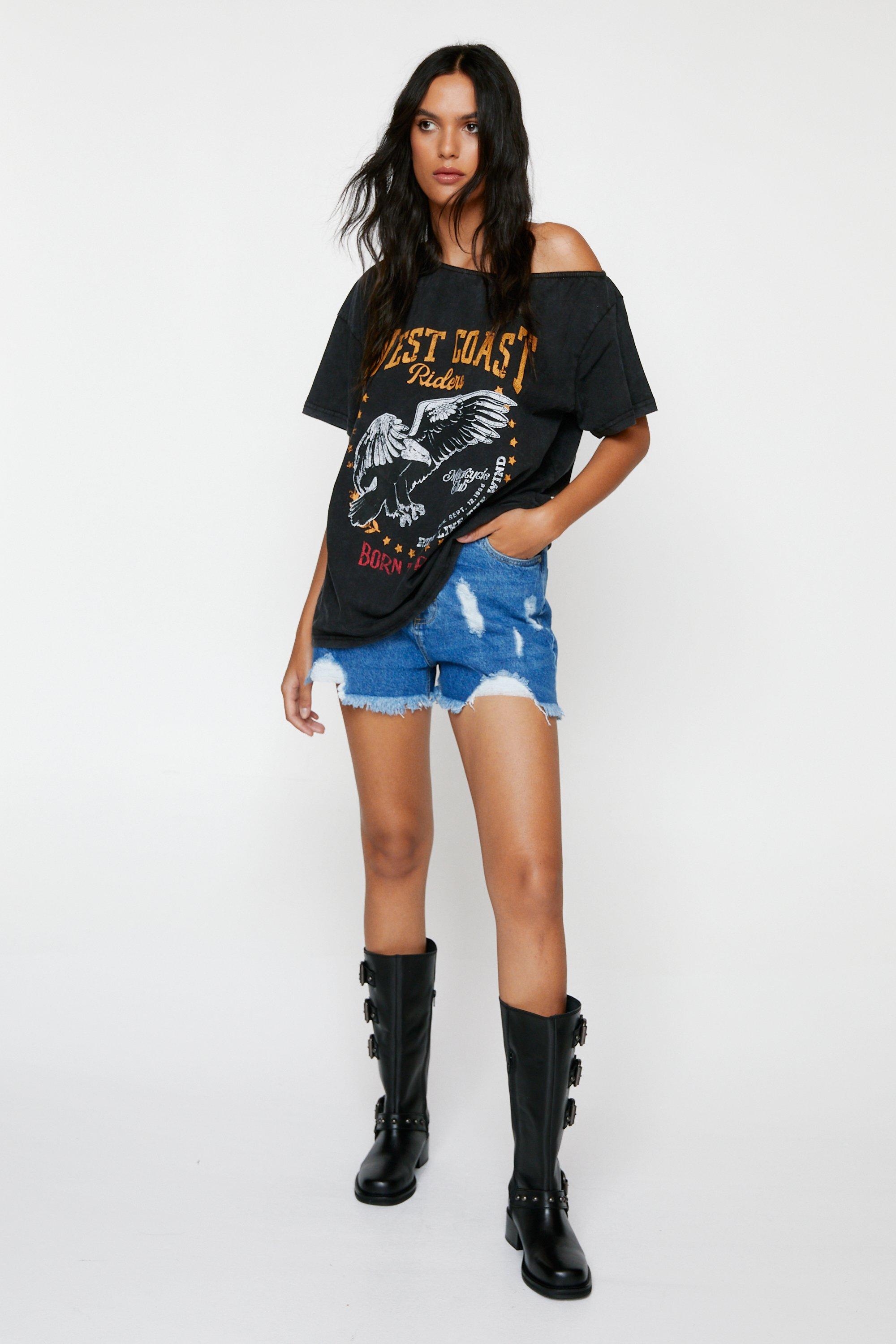 Acid Wash Off Shoulder Slogan Oversized T-shirt