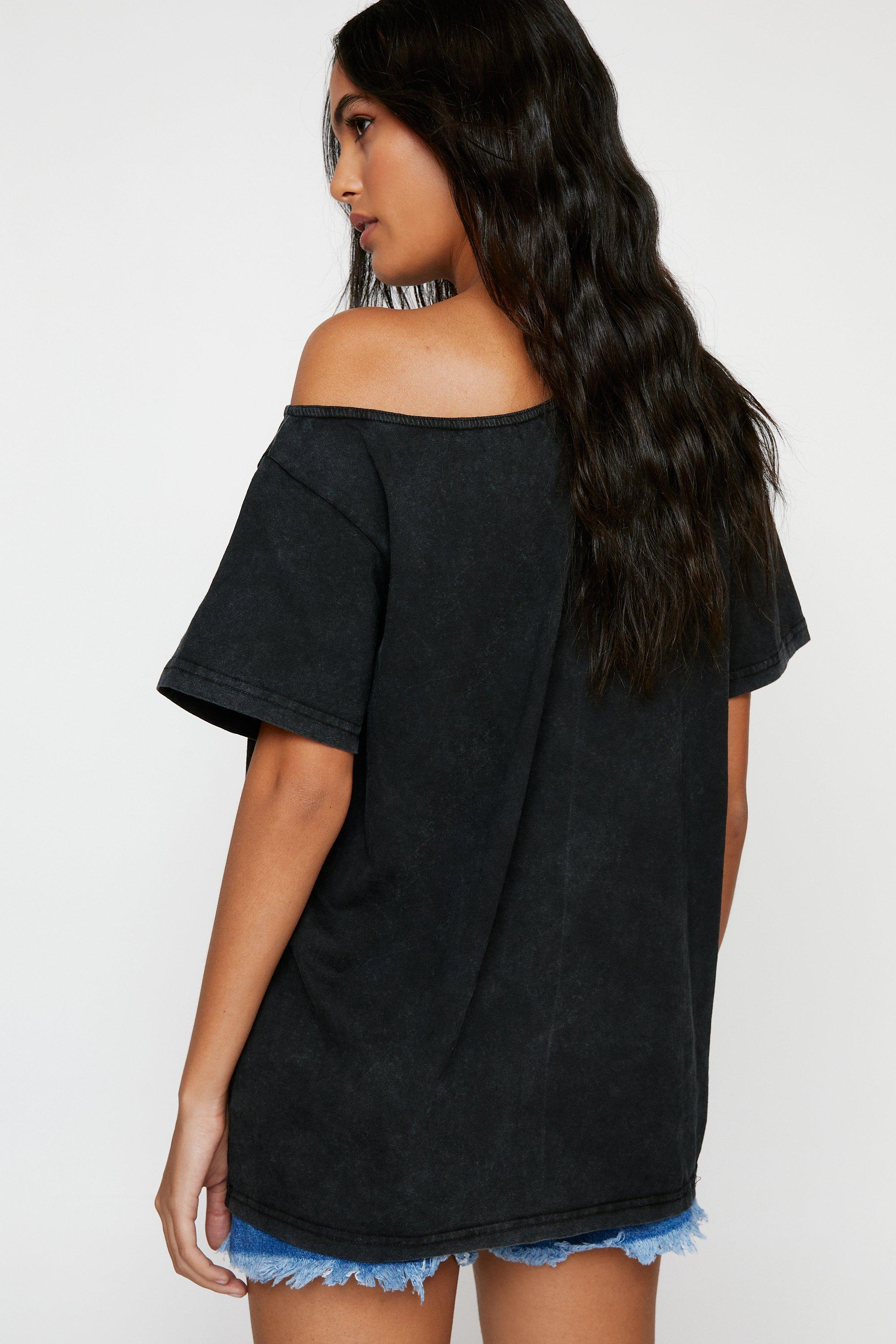 Acid Wash Off Shoulder Slogan Oversized T shirt