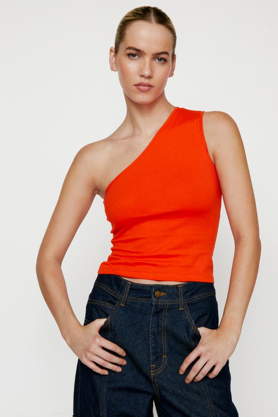 Red One Shoulder Cropped Tank Top image number 1