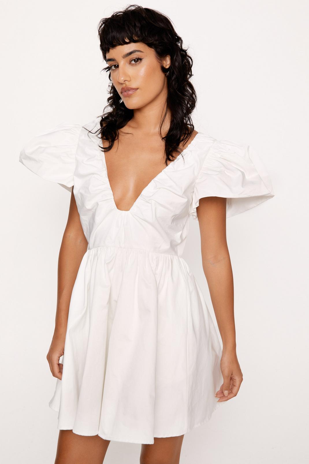 Mini robe premium en popeline à manches bouffantes, White image number 1