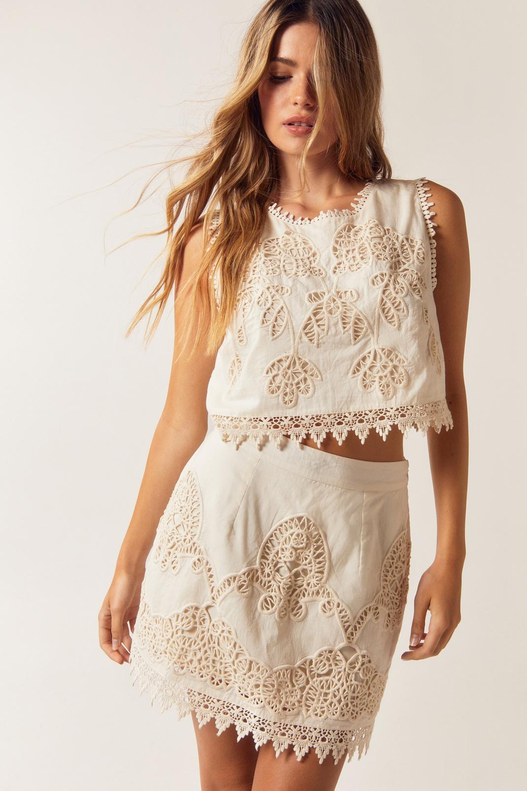 Ivory Hand Cut Work Lace Trim Skirt image number 1