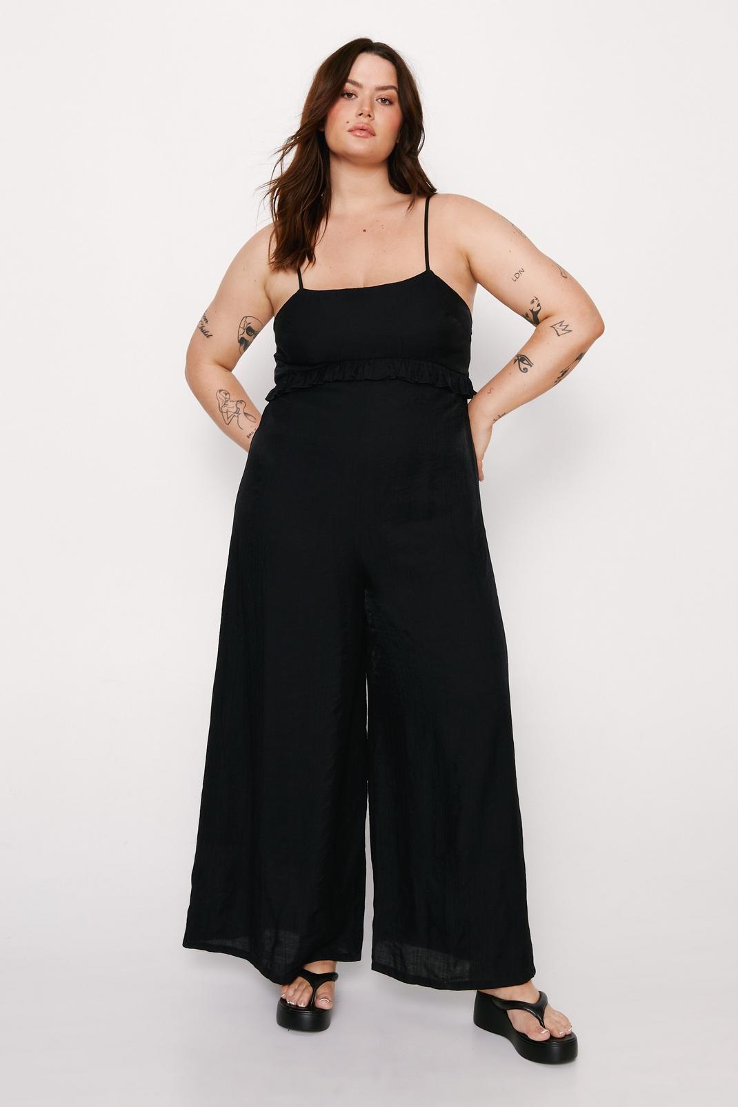 Black Plus Size Ruffle Crinkle Strappy Jumpsuit image number 1