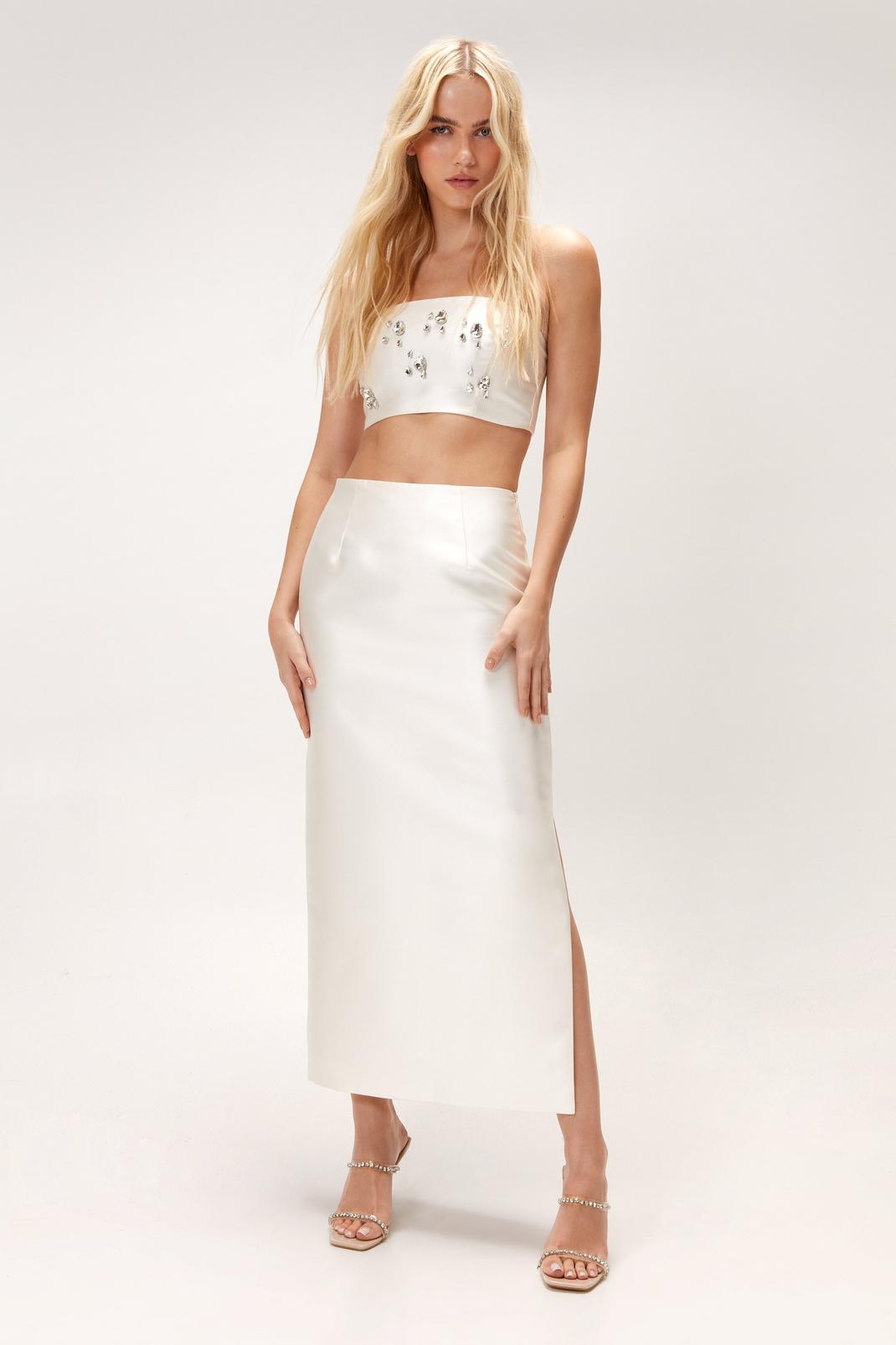 Ivory Structured Satin Twill Pencil Maxi Skirt image number 1