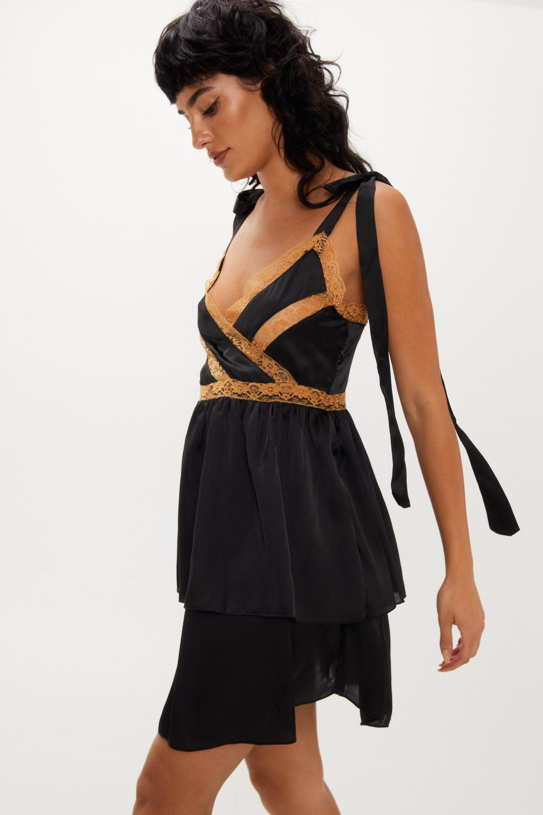 Black Satin Tie Shoulder Lace Trim Dress image number 1