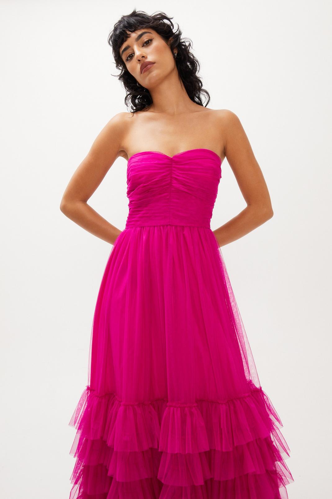 Hot pink Tulle Frill Bandeau Maxi Dress image number 1