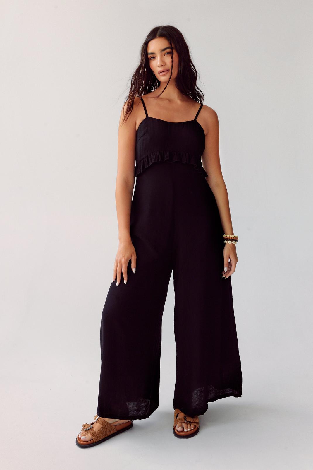 Black Ruffle Crinkle Strappy Jumpsuit image number 1