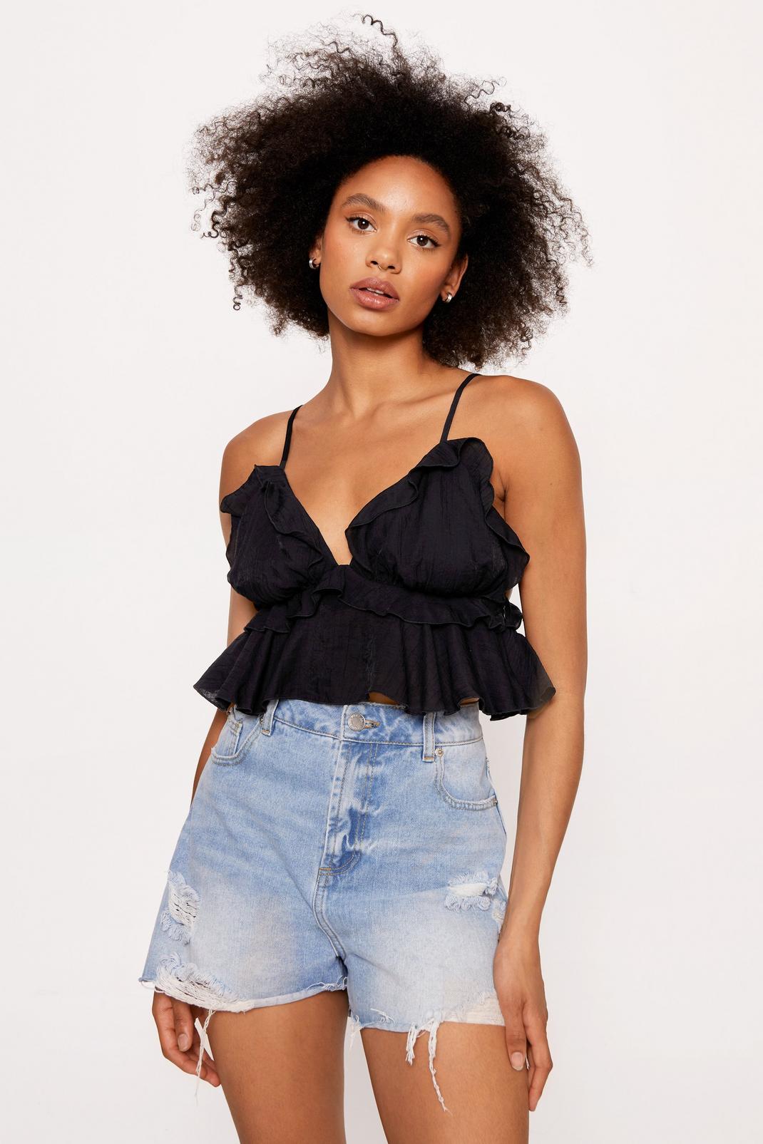 Black Ruffle Crinkle Strappy Cami Top image number 1