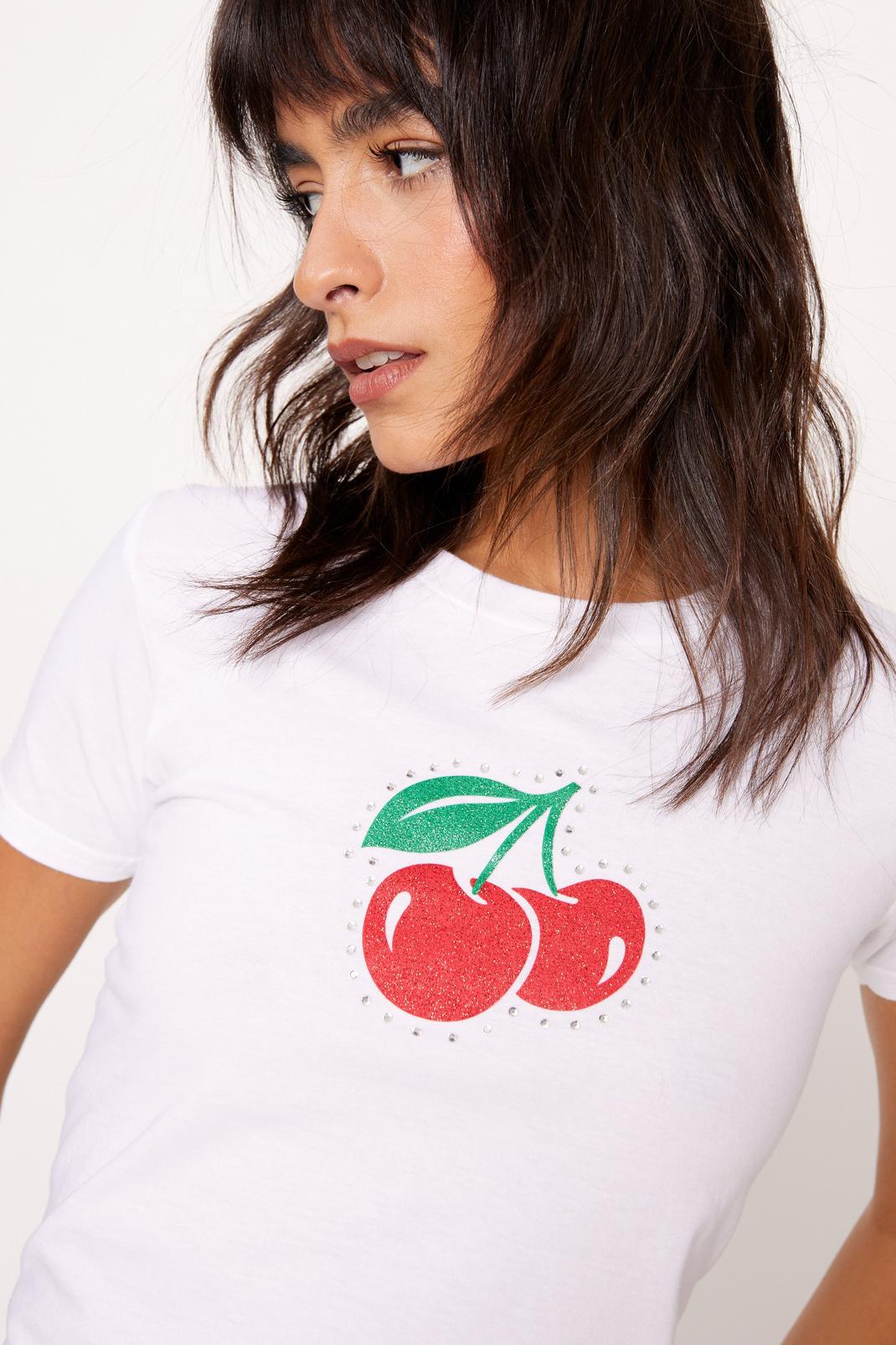 White Cherry Glitter Diamante Baby Fit T-Shirt image number 1