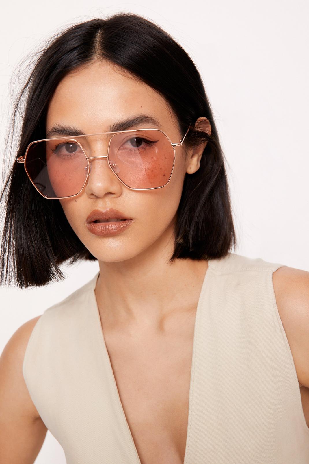Pink Colored Lens Hexagon Aviator Sunglasses image number 1