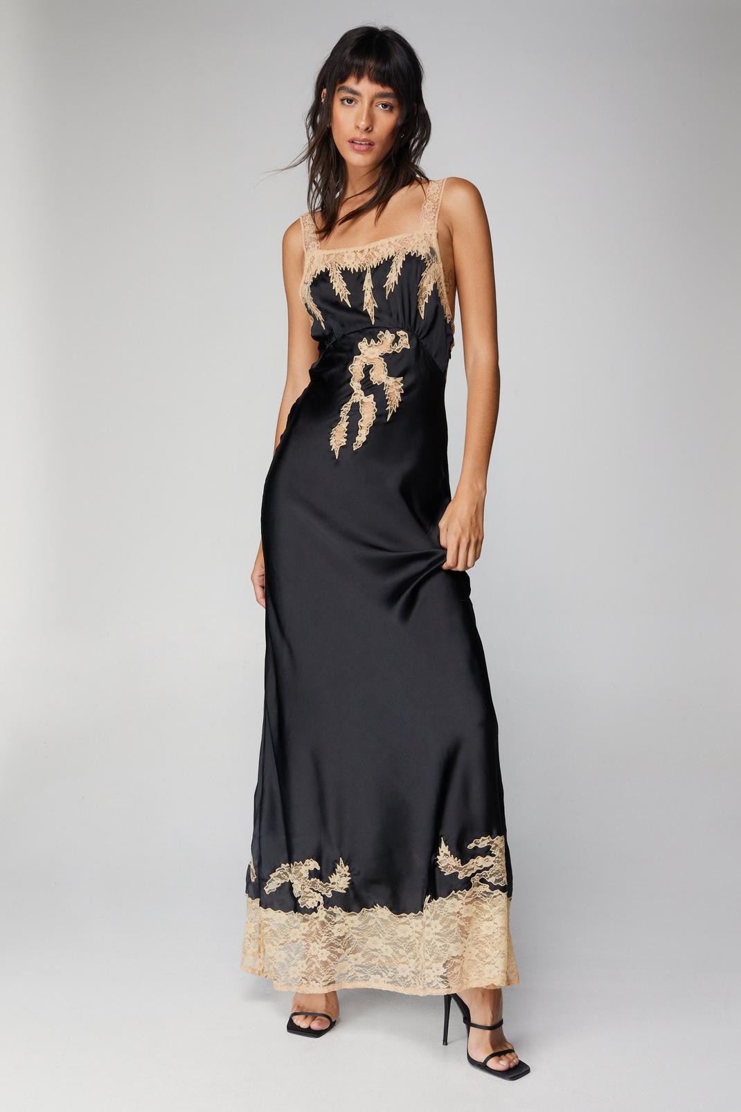 Black Satin Lace Trim Maxi Slip Dress image number 1