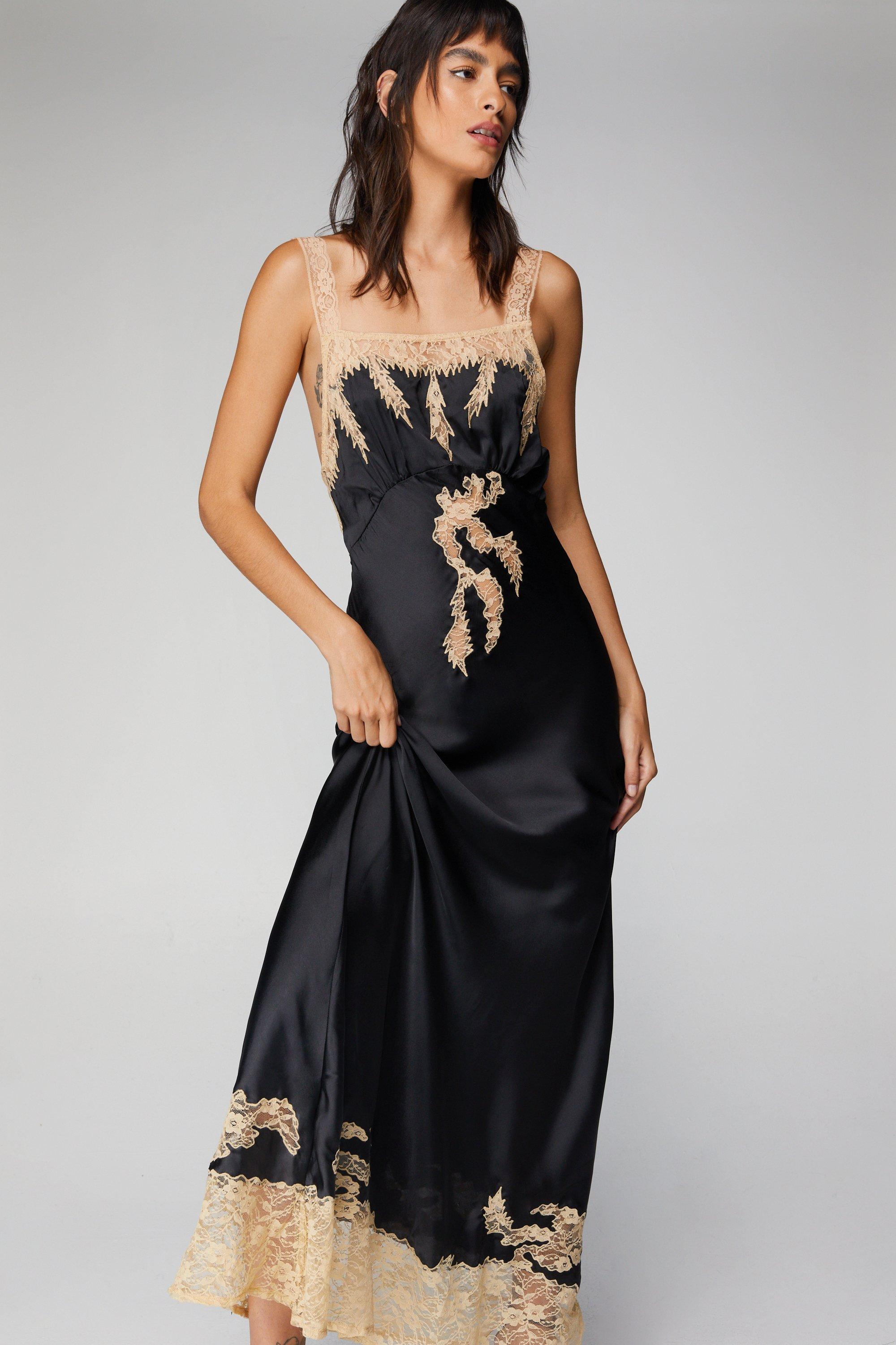 Contrast Lace Trim Satin Maxi Slip Dress