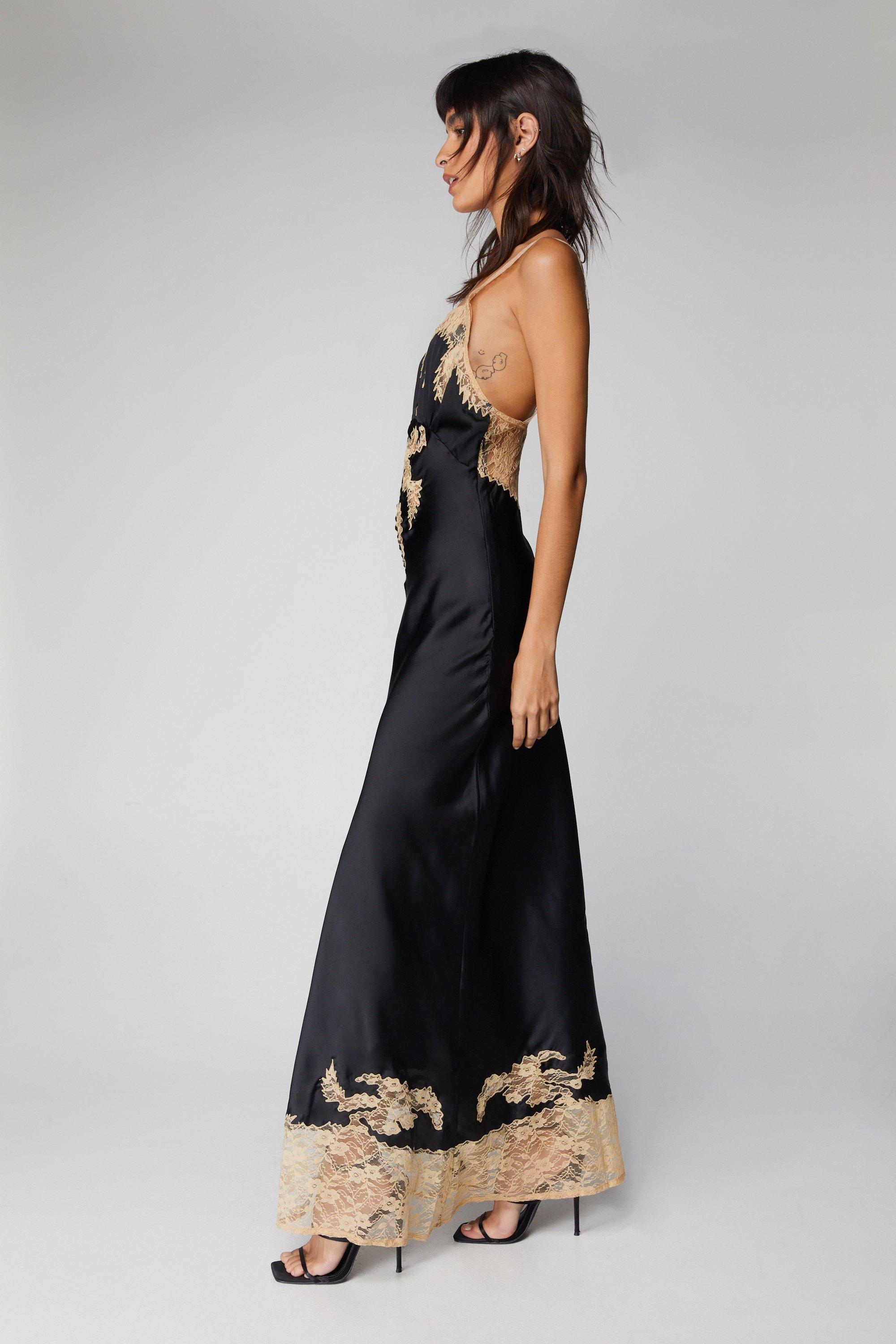 Contrast Lace Trim Satin Maxi Slip Dress