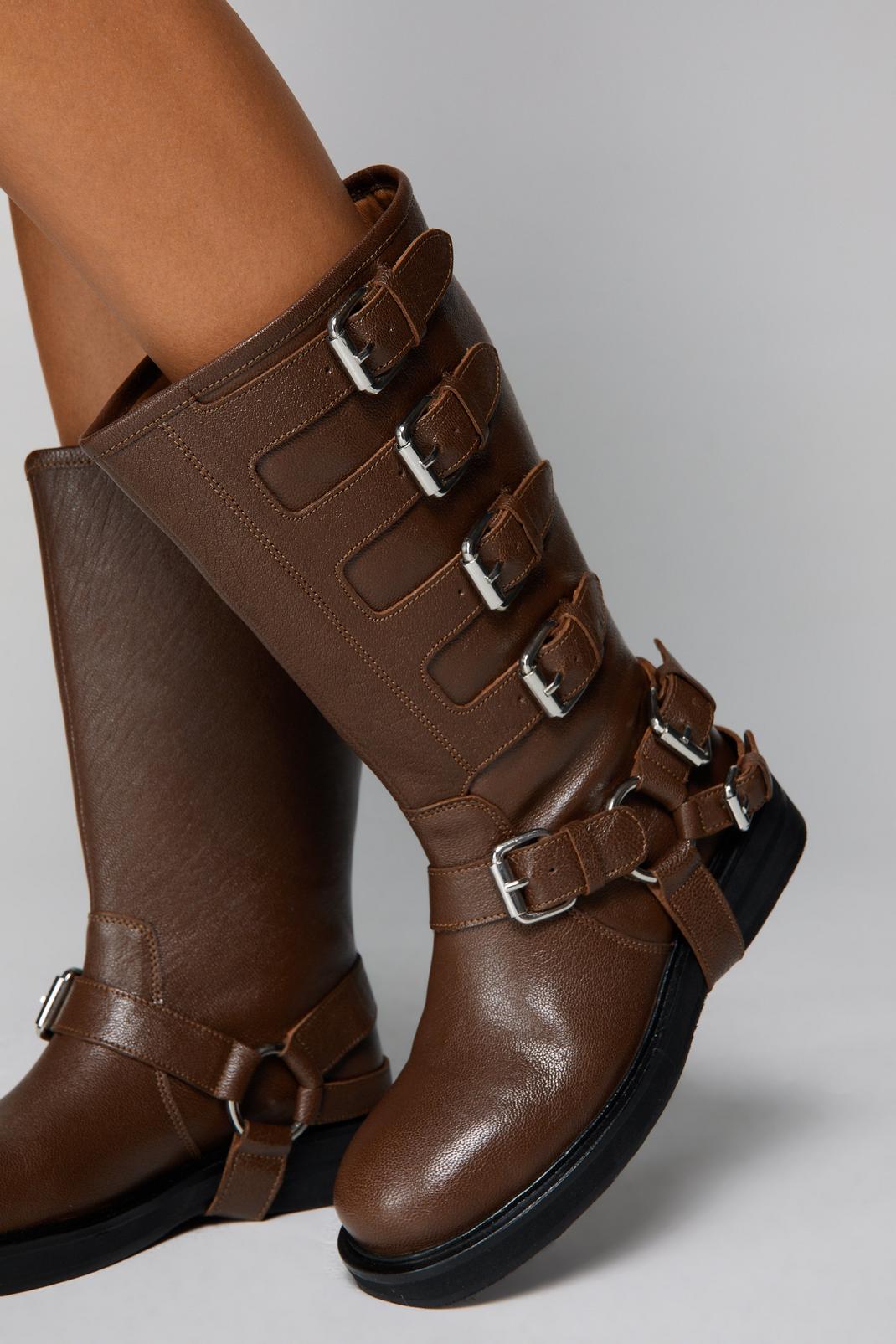 Tan Real Leather Multi Buckle Biker Boots image number 1
